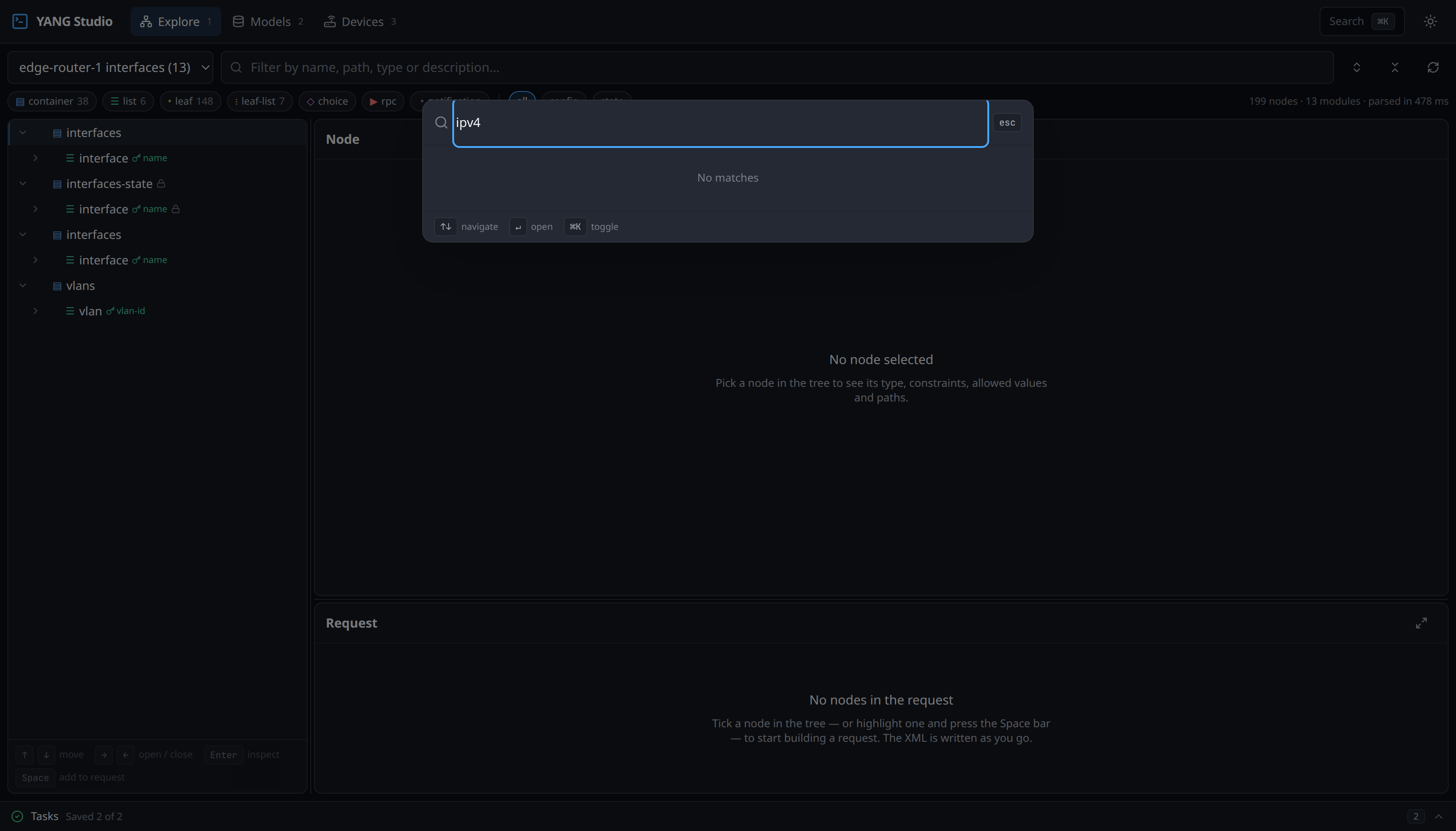 The command palette searches actions and every node in the loaded set.