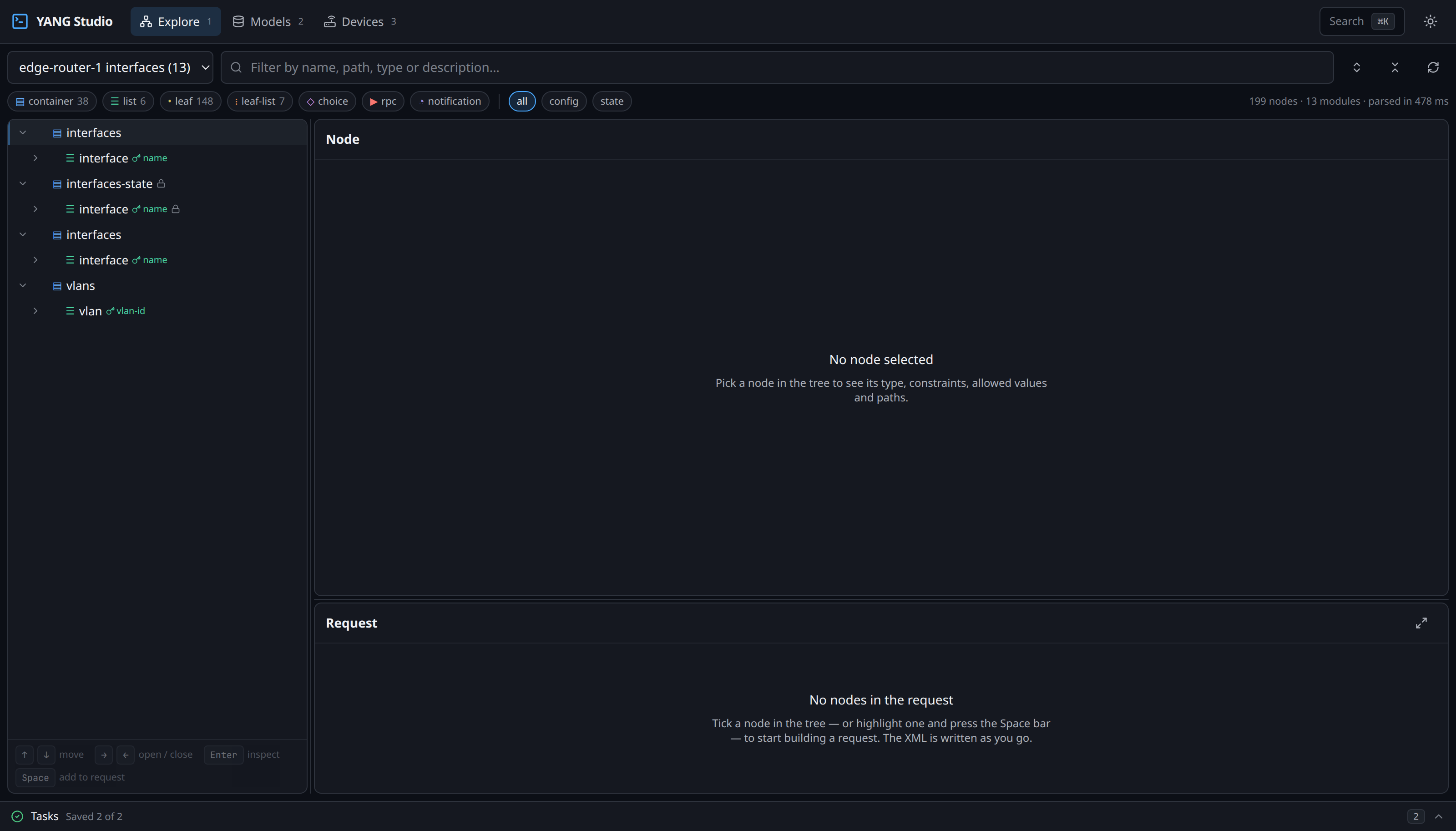 The schema tree for a set of 13 modules — 199 nodes, parsed in under half a second.