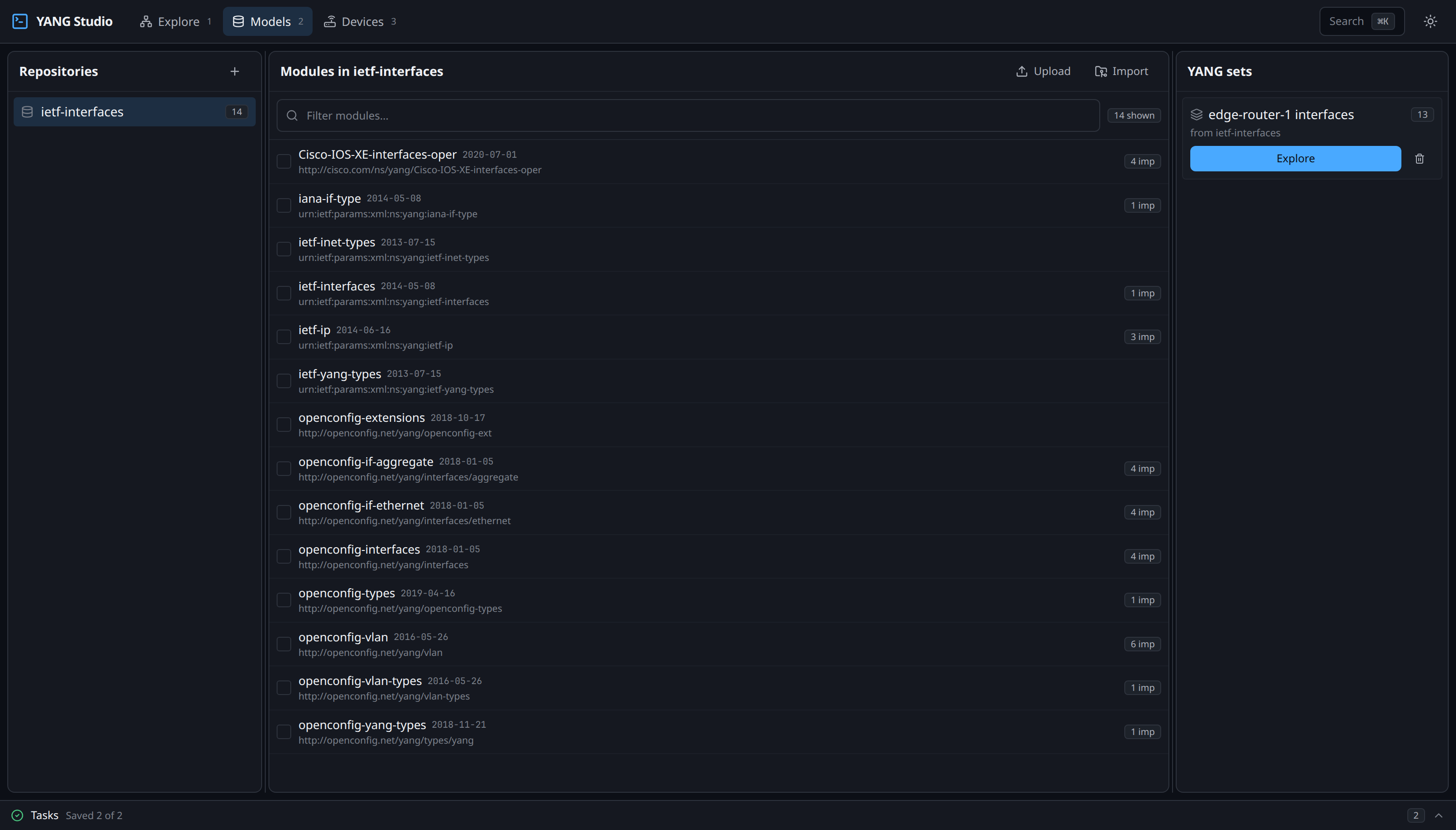 Repositories on the left, their modules in the middle, sets on the right.