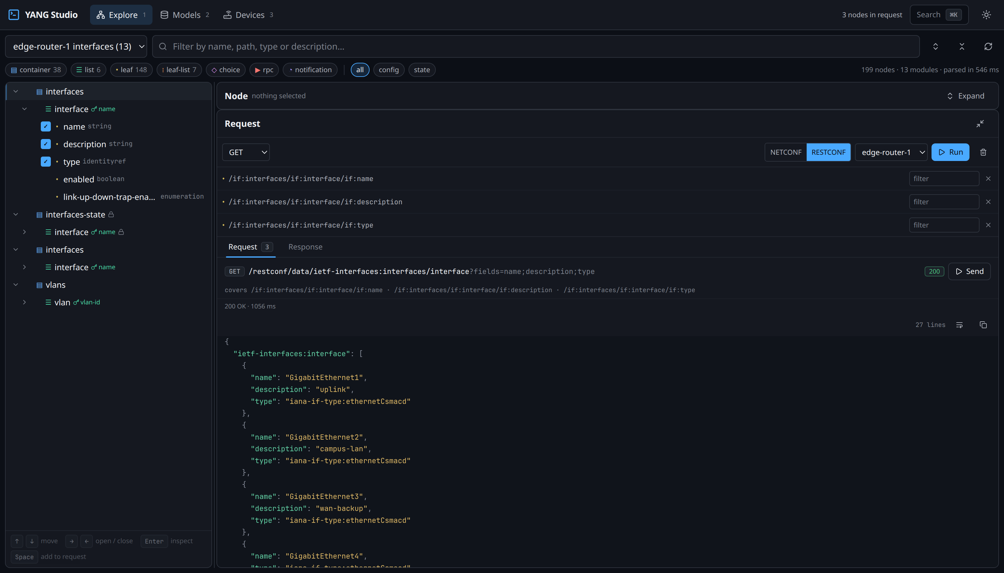 Three leaves folded into one fields query, and the JSON reply.